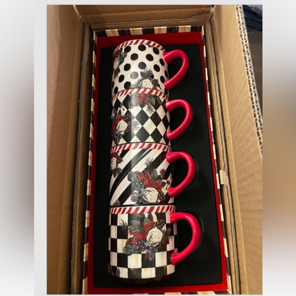 MacKenzie Childs Scottish Bouquet Stacking Mugs - Set Of 4 NIB